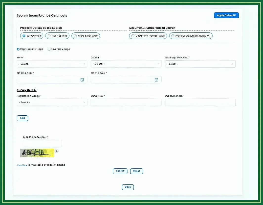 TNREGINET Encumbrance Certificate search screen with survey-wise and document-number search options
