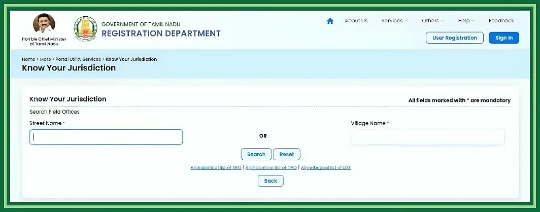 TNREGINET jurisdiction search screen for finding the correct Sub-Registrar Office