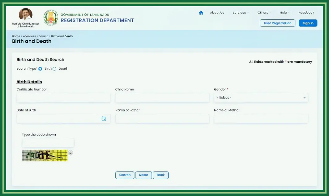 TNREGINET marriage and certificate service options on the portal