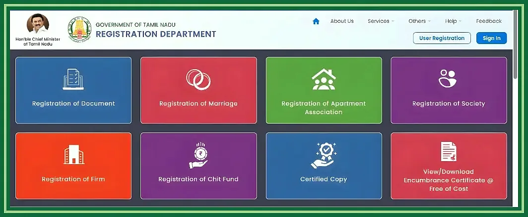 TNREGINET service grid showing document registration, marriage registration, society registration, certified copy, and EC download